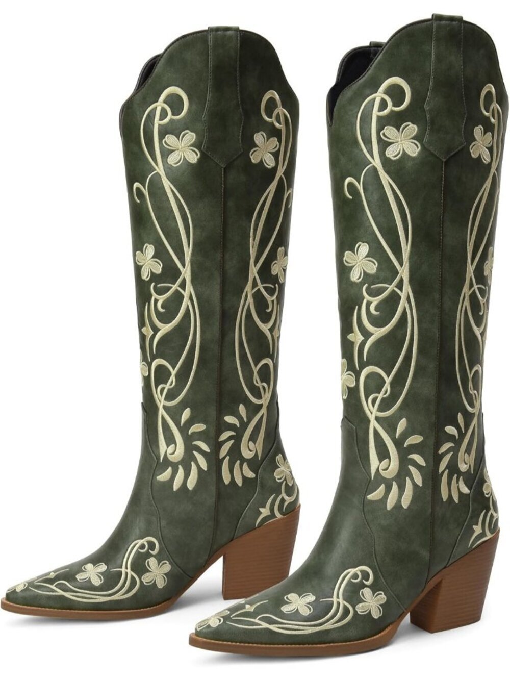 Women's Green Pu Cowgirl High Knee Vintage with Floral Embroidered Footwear - Picture 4 of 6